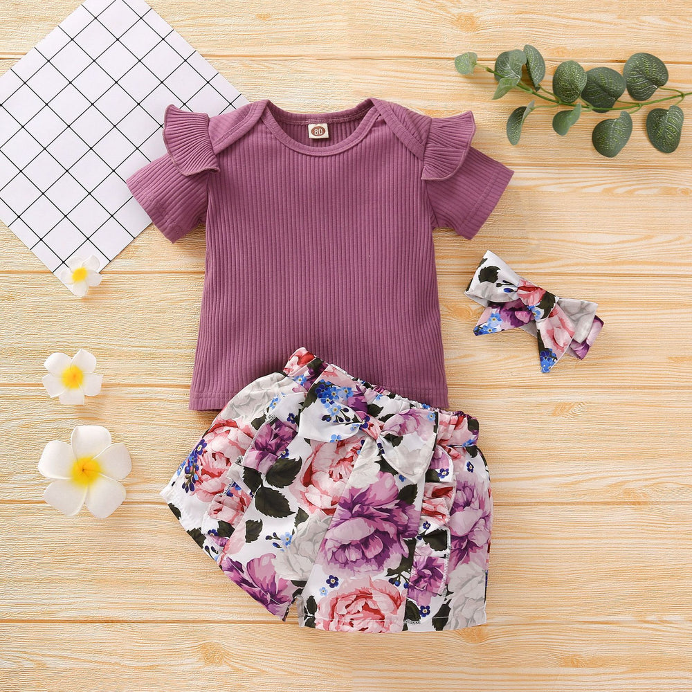 hot-selling summer ribbed, skin-friendly girls' floral print pants and top set. available in multiple colors. 100% cotton