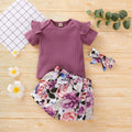 hot-selling summer ribbed, skin-friendly girls' floral print pants and top set. available in multiple colors. 100% cotton