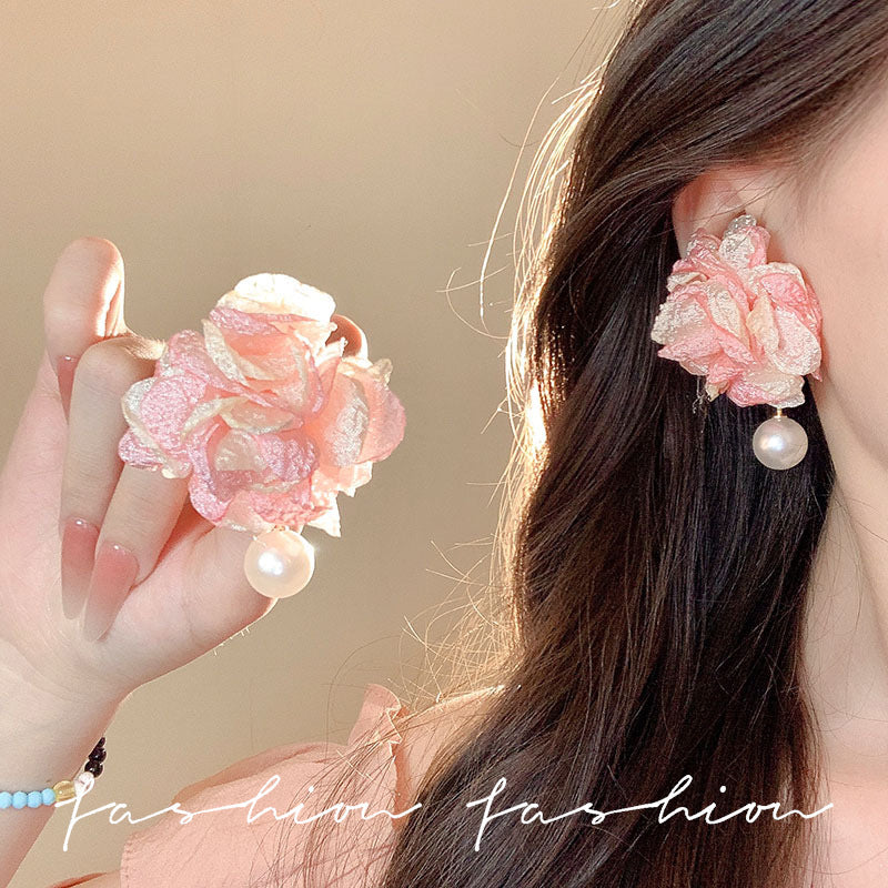 Pink mesh flower exaggerated earrings super fairy style dopamine earrings new trendy popular earrings niche women