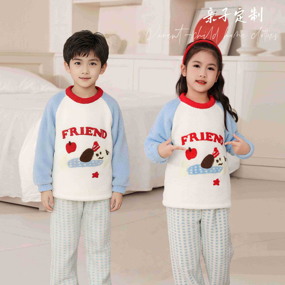 Girls' pajamas: warm, thickened, half-fleece long-sleeve loungewear set for girls (mid-to-large size), autumn/winter, trendy style