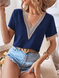 new european and american style satin lace trim v-neck solid color loose-fit top - elegant commute short-sleeve blouse