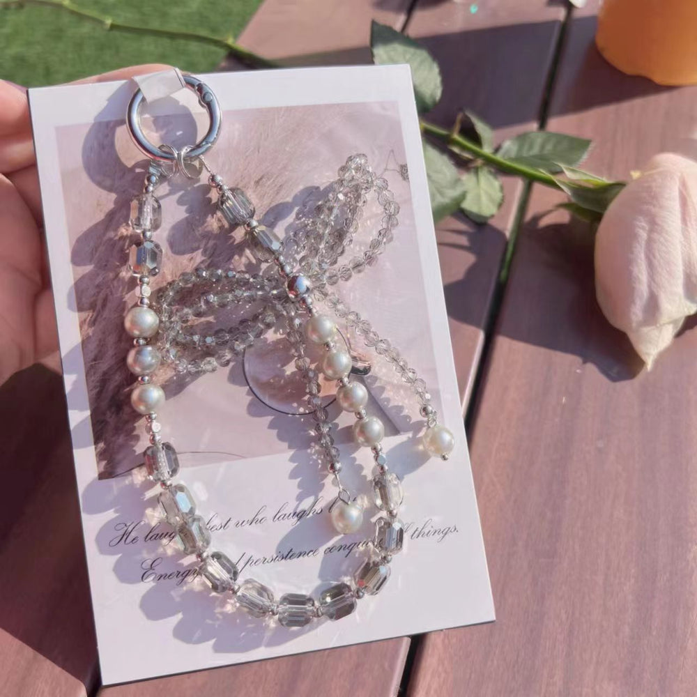 Luxury pearl bowknot phone charm - premium short 3d crystal wrist strap