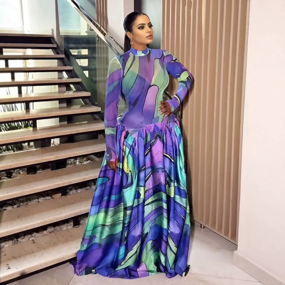 summer new european and american women's sexy mesh print patchwork dress abstract art maxi swing dress gown