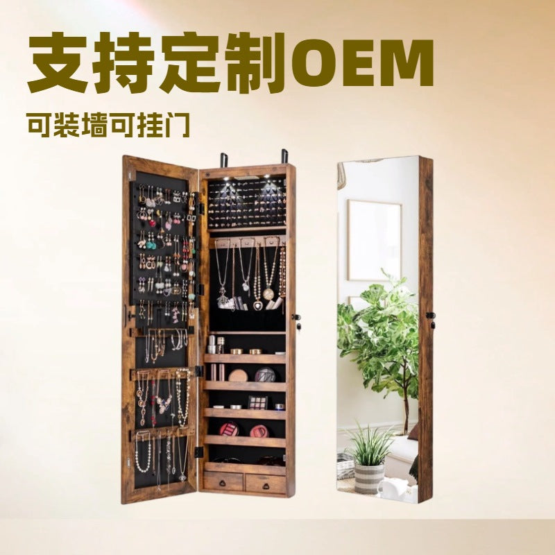 Solid wood full-body mirror cabinet, multi-functional dressing, makeup mirror, jewelry storage, fitting mirror, household wall can be installed, simple
