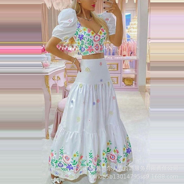 ODL2045 European and American women's clothing positioning printing bubble sleeve top + A pendulum printing skirt set 2-piece set)