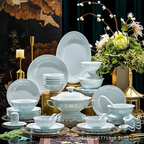 Celadon exquisite dishes set Jingdezhen high temperature white porcelain tableware set household light luxury high-end gifts ceramic bowl