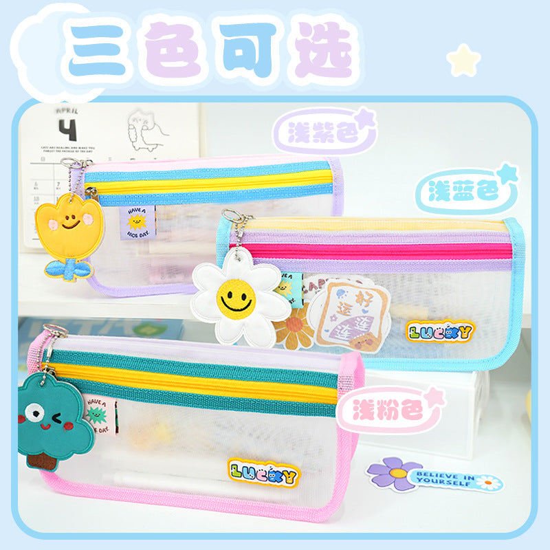 New cute fun contrasting color transparent stationery bag large capacity pencil bag high value simple primary and secondary school student stationery mesh bag