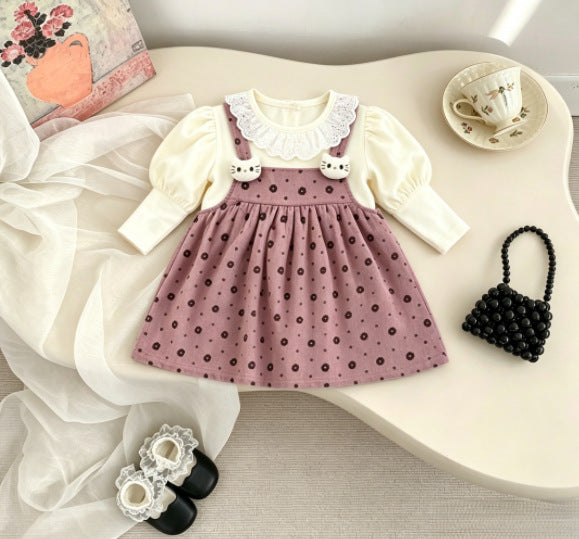 Girls' dress - trendy  new style - baby girl faux two-piece dress - princess style cute polka dot dress