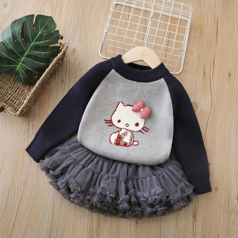 Girlsweaterthickenedall-in-one velvet with tutu skirttwo-piece set for baby girls round neckthickened bottom shirtsuit