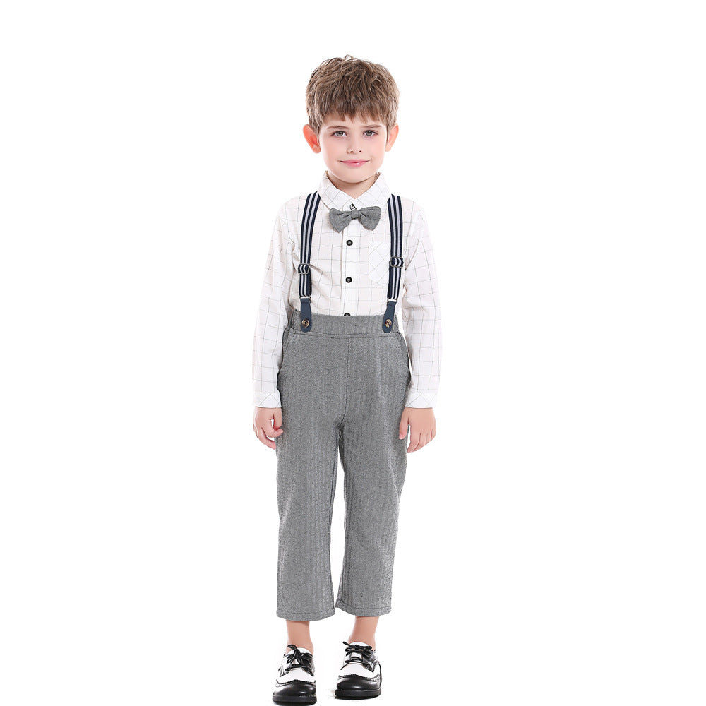 Children's spring outfit: boy's cotton korean style shirt, overalls, and bow tie set - wholesale available, perfect for first birthday celebrations