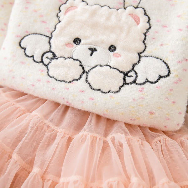 Girlsweatercutebear bottomall-in-one velvetthickened princess skirttwo-piece set tutu skirtfall and winternew arrivalsuit