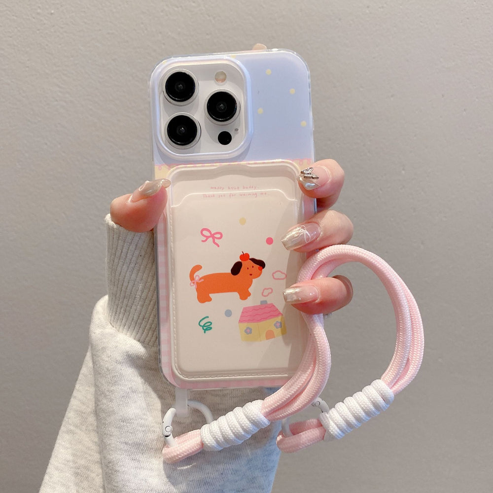 Suitable for apple 16pro creative lanyard card holder mobile phone case iphone11/14 cartoon puppy tpu protective cover