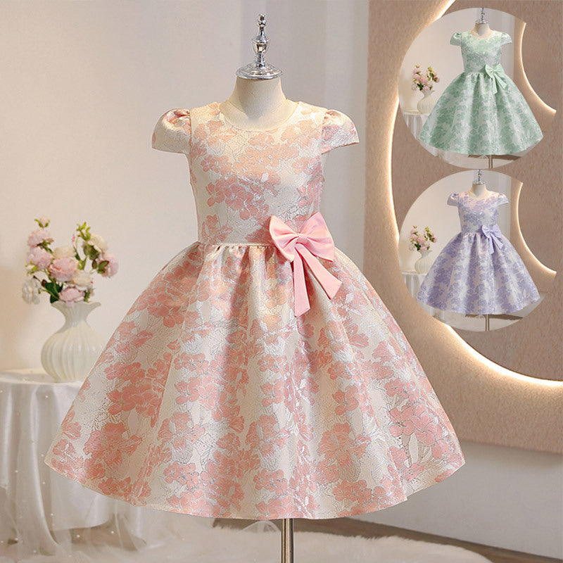 Girls' gold-threaded short-sleeve birthday & first birthday dress - stylish princess gown for kids' parties & performances - in stock