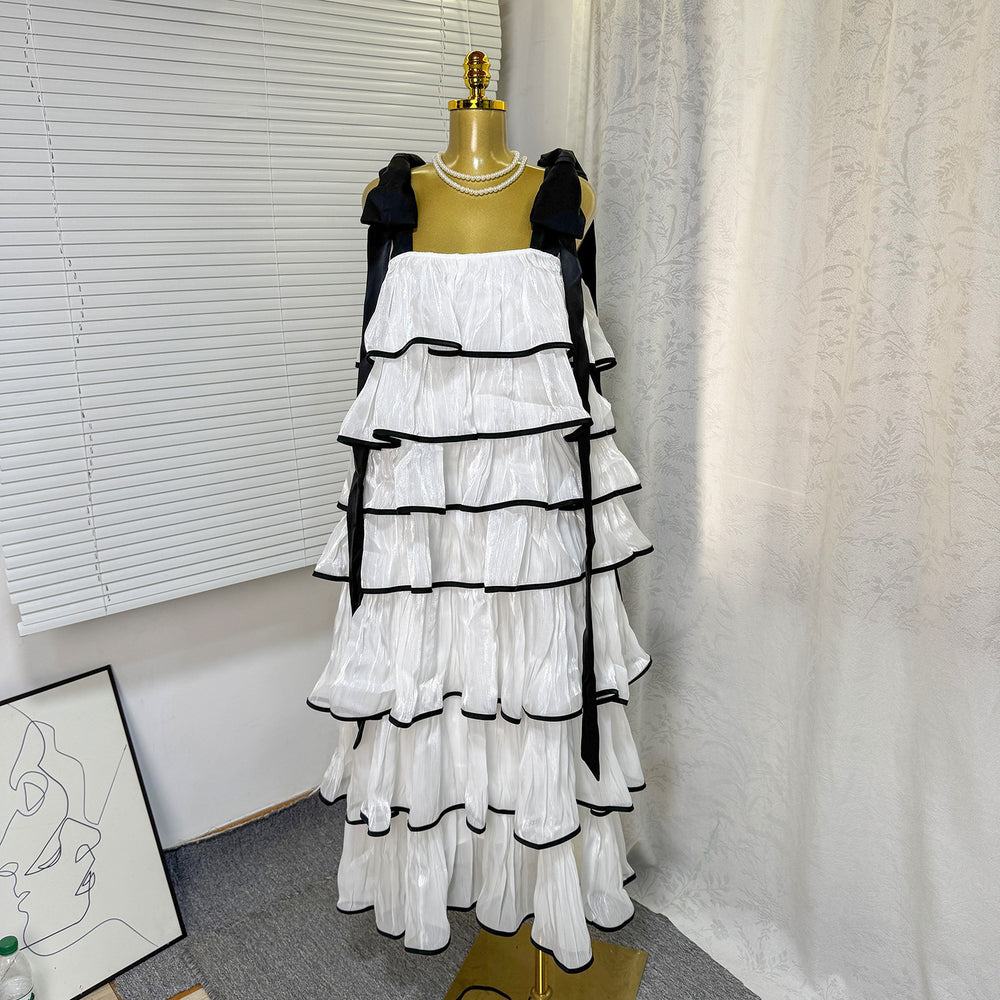 spring new sleeveless solid color wide strap long loose ruffle tiered cake dress