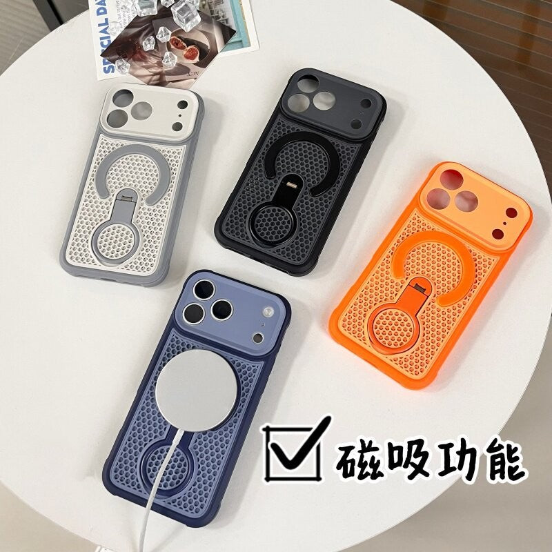 Precision perforated iridescent honeycomb cooling 360 magnetic stand compatible iphone 17 pro case, apple 16 business case