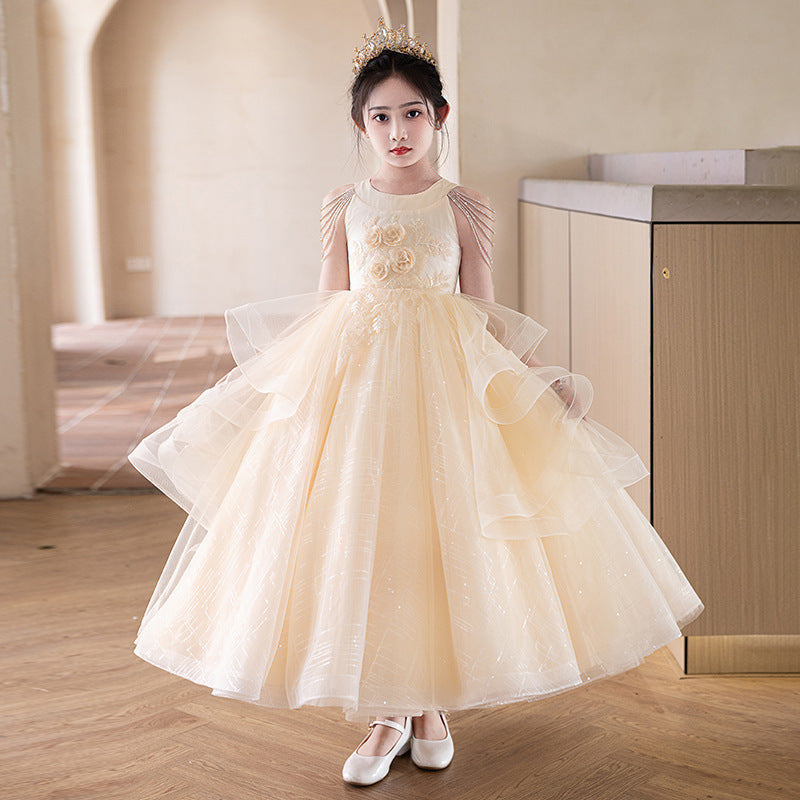 Black high-end children's evening gown, girls' princess dress, fluffy tulle, stylish hostess outfit, student violin performance costume