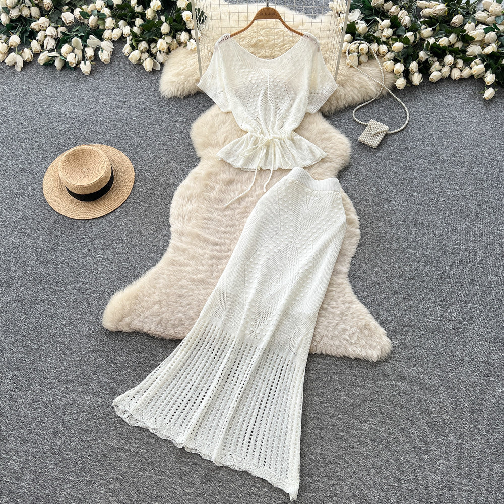 French chic hollow-out knit short sleeve two-piece set - women's summer slim fit, slimming, elegant, and professional style outfit