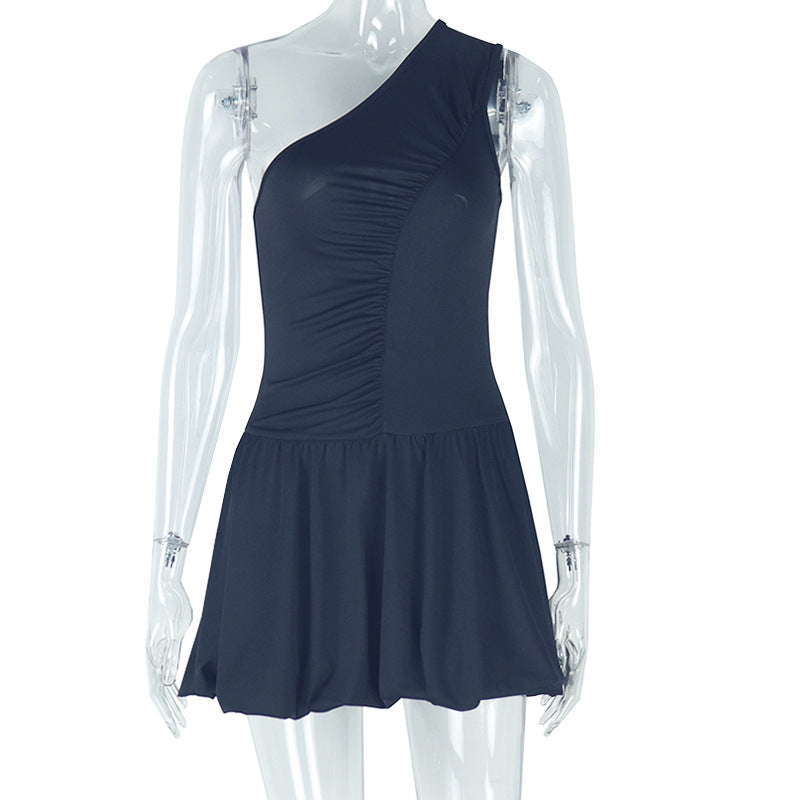European and american style women's foreign trade dress - elegant asymmetrical one-shoulder solid color a-line skirt, slant neck sleeveless ruffle trim mini dress