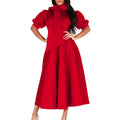 fashion  spring and summer elegant puff sleeves pure color sense of design waist tie back long skirt exportdress