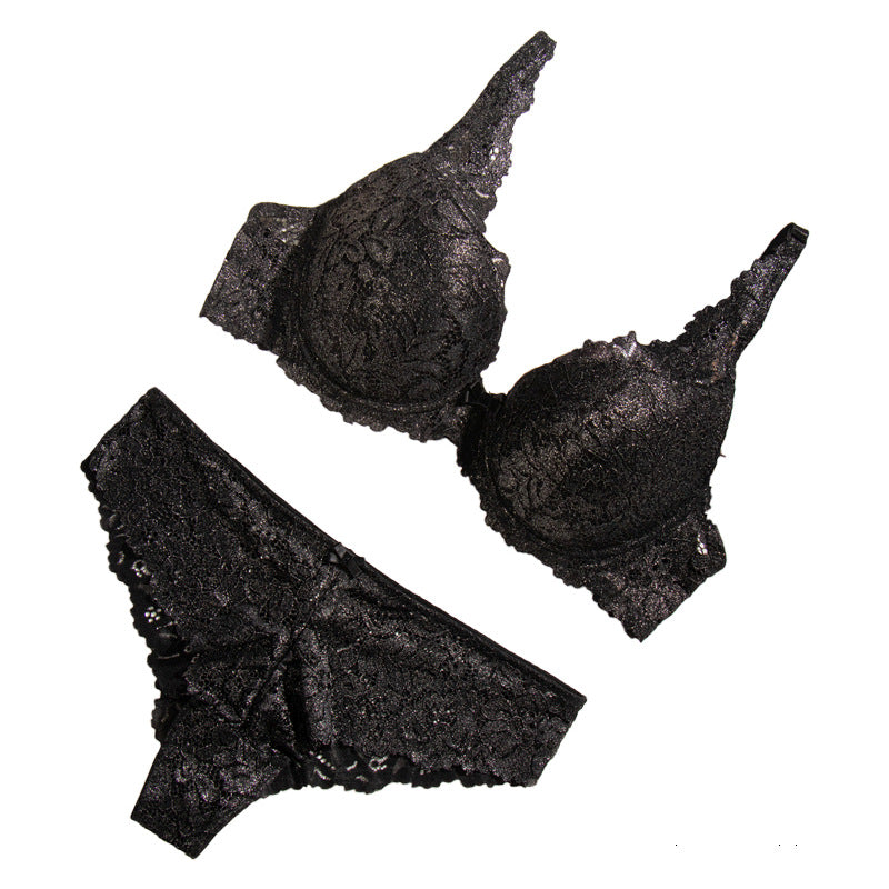 fashion women's carbon silver bra suit anti-sagging push-up steel ring adjustable bra sexy lace underwear
