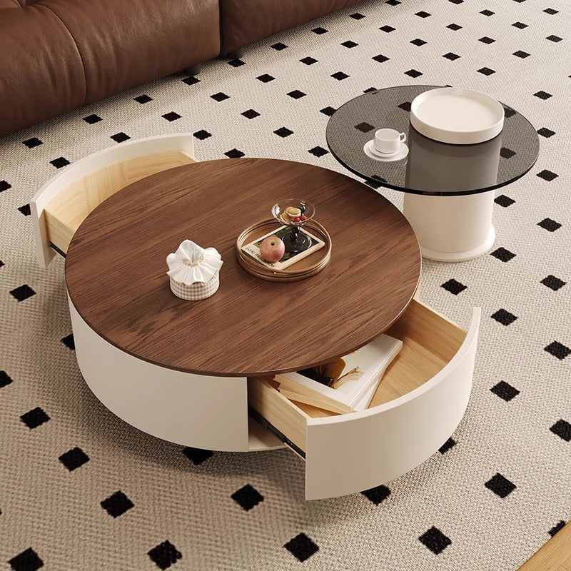 Minimalist mid-century modern round solid wood coffee table for home living room, light luxury small apartment, modern high-end creative combination