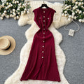 Chanel-inspired, high-end, round-neck, sleeveless, metal-buttoned, slim-fit, figure-flattering knit dress for women, new summer 2025 collection