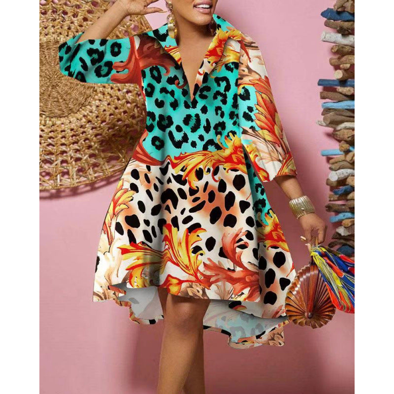 Fashion cross-border independent station  new arrival shirt collar loosefashionprintingdress for women