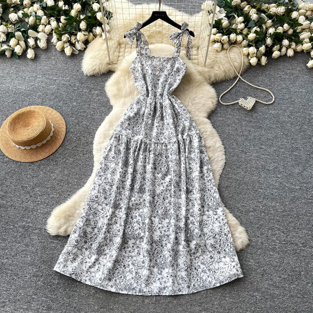 Vacation style printing suspender casual sleeveless dress for women summersense of designhigh waist waist slimming look long skirt yellow