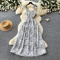 Vacation style printing suspender casual sleeveless dress for women summersense of designhigh waist waist slimming look long skirt yellow