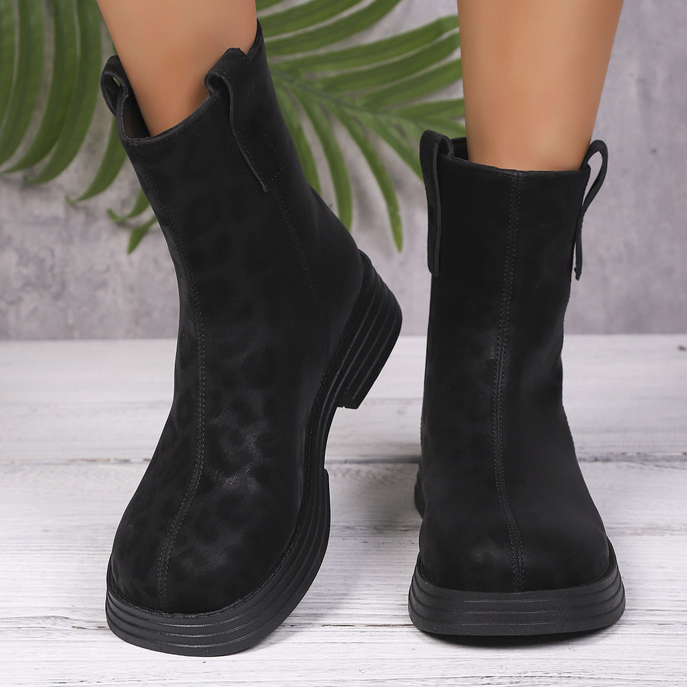 autum leopard print british styleplus size back zipper short boots thick sole round toe retroexportboots women's wholesale