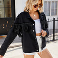 European and american cross-border women's fashion:  spring new arrivals -  independent store, washed denim jacket with rivets and tassels in black