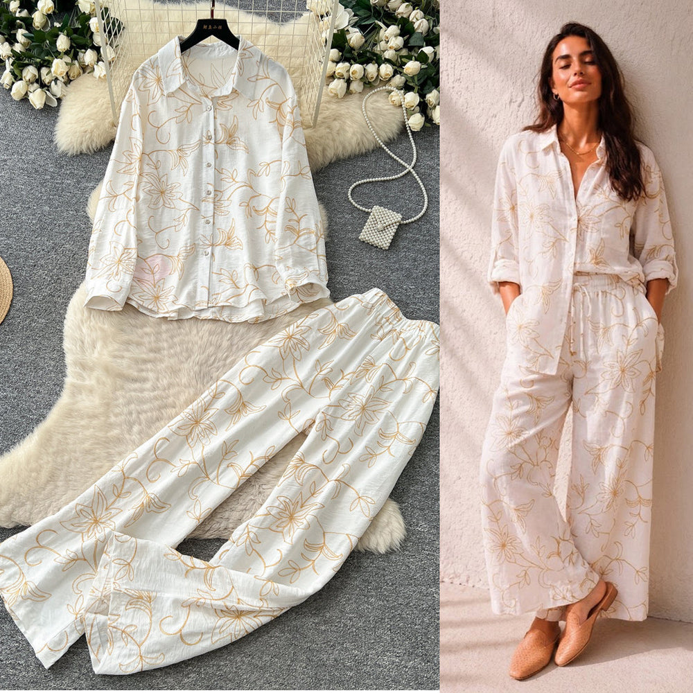 Light mature style leaf embroidercardiganloose pantstwo-piece set for women autumslimming lookeasiest for matchwork clothing stylesuit