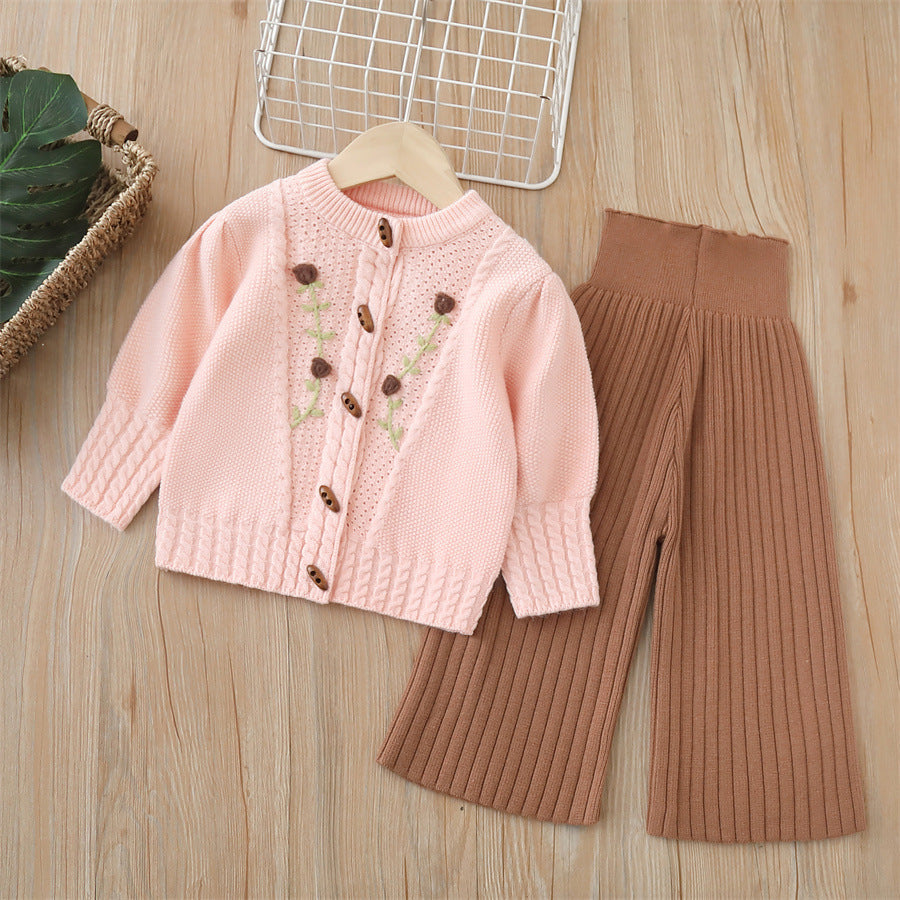 Dropshipping girls' knitted sweater two-piece set -  autumn/winter new collection - handmade floral pants outfit for baby girls