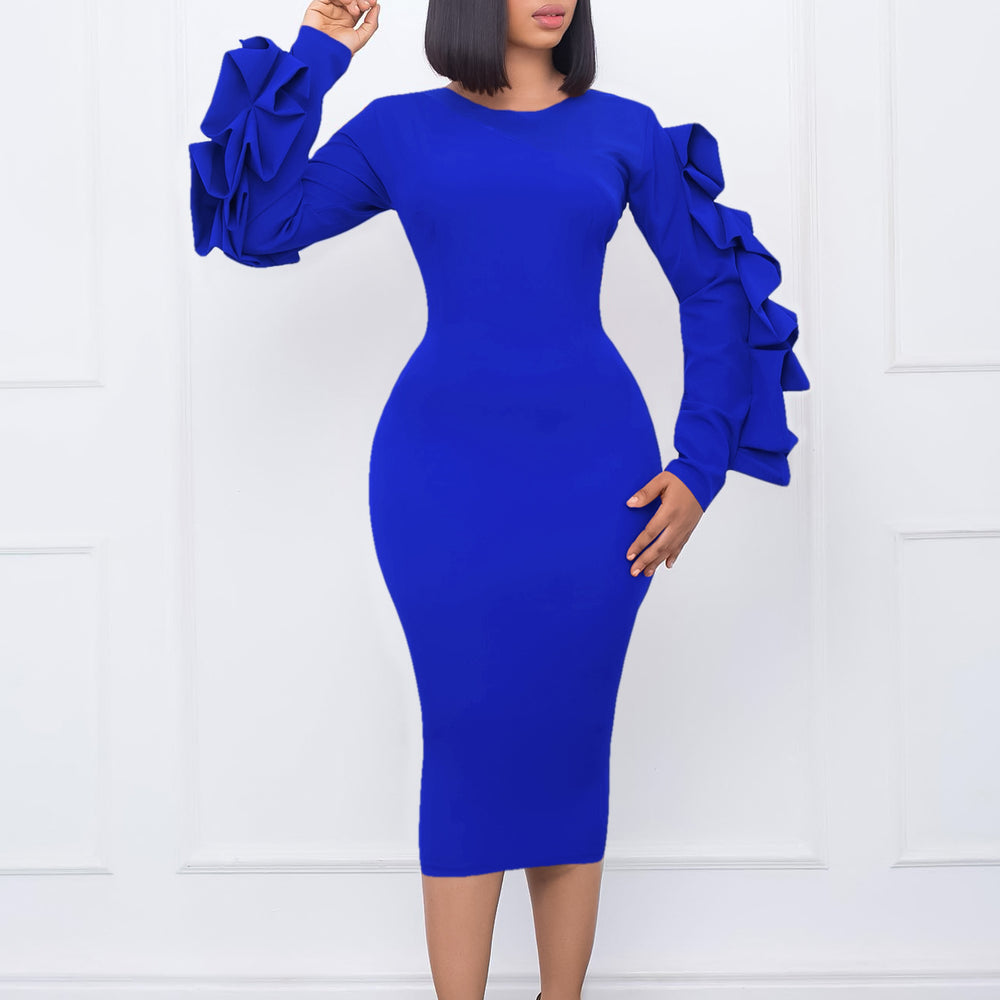 Q085 cross-border women's clothing european and american clothing  new round neck fungus edge hip-covering large size eleganceexportdress