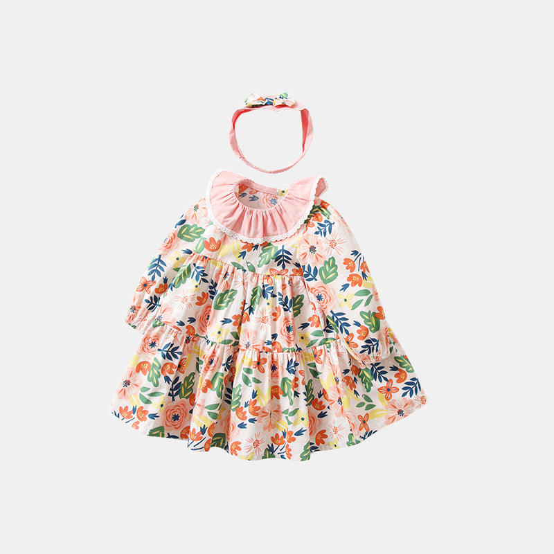 Baby long-sleeve dress, autumn  children's wear, nature print, girls' pink princess dress with bow