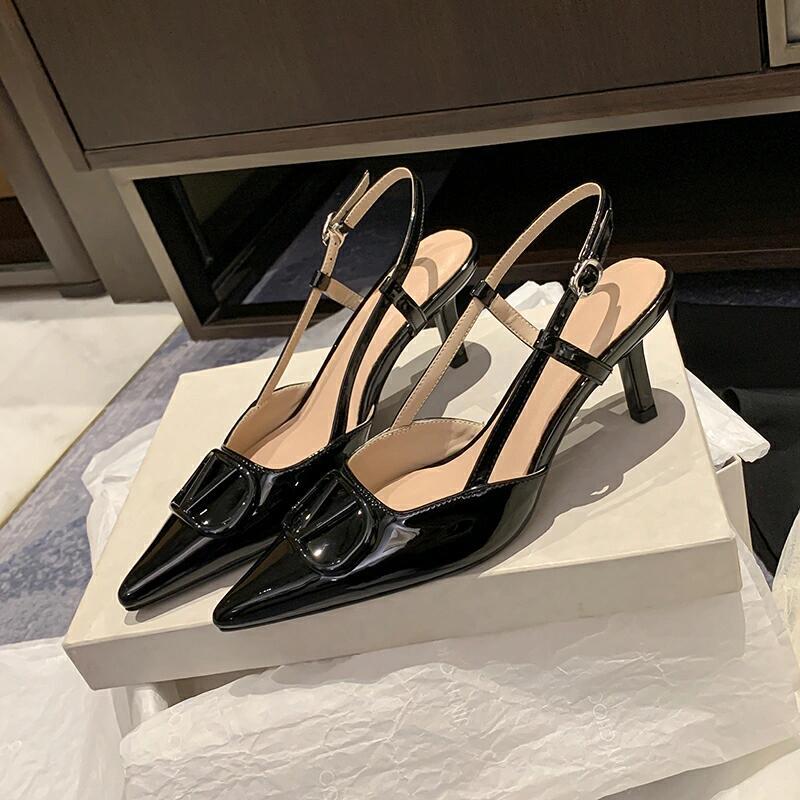 Wo huizhou 2026 autumn new patent leather pointed-toe v-buckle slingback sandals - luxury european and american style women's high heels
