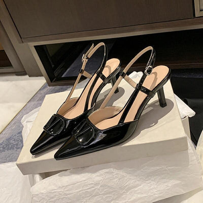 Wo huizhou 2026 autumn new patent leather pointed-toe v-buckle slingback sandals - luxury european and american style women's high heels