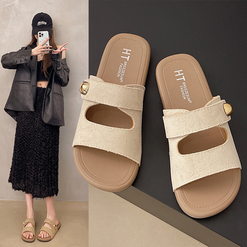 Women's summer slides 2025 new flat retro casual versatile one-strap sandals fashionable trendy niche design