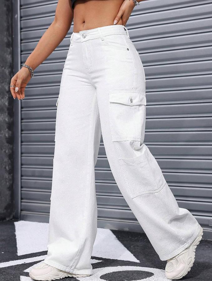 European and american cross-border   new versatile casual mid-rise loose straight wide-leg multi-pocket women's cargo pants