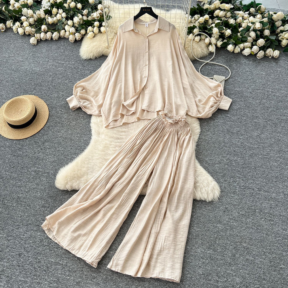 Fashion light mature style outfit for women looseslimming lookcasualeasiest for match lantern sleeve shirt high waist wide legstraight-leg pantssuit