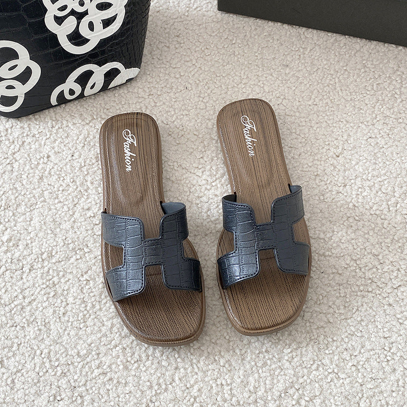 Xiaoxiangfeng sandals women's summer outwear non-slipeasiest for matchfashion imitation wood grain flatsh belt one-line slippers women's export