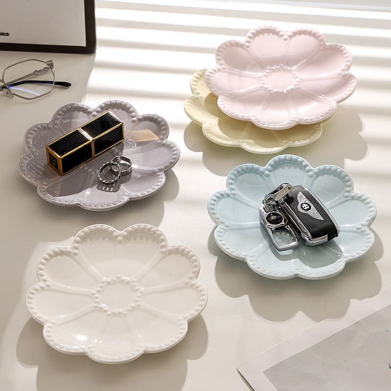 Ins creative floral desktop jewelry organizer ceramic tray - unique embossed entryway display & storage ornament