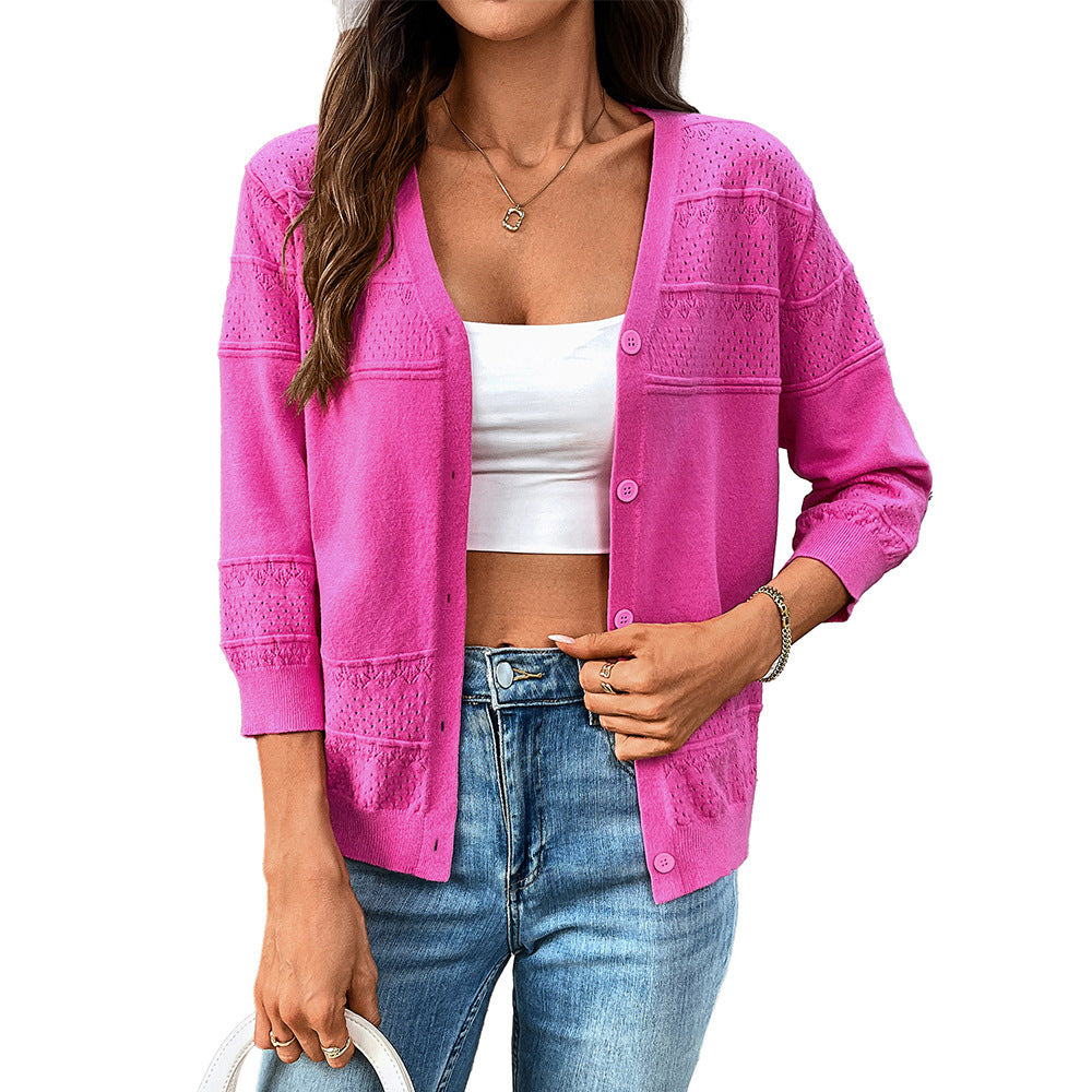 Europe, America,   women's clothing 2025 summer thin shawl seven-quarter sleeve hollow-knit V-neck cardigan