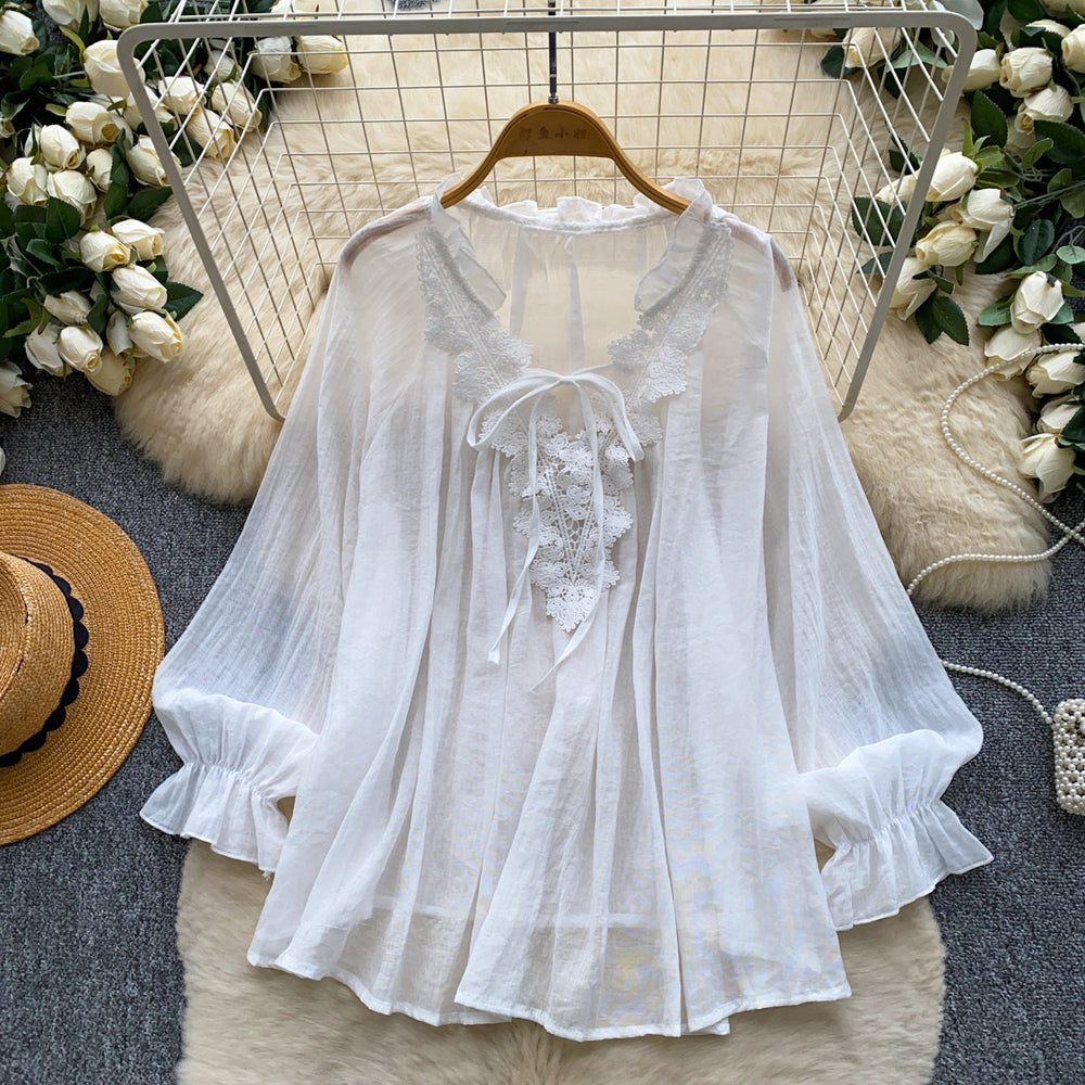 French chic lace trim v-neck tie blouse - women's long sleeve, youthful & flattering, autumn , relaxed fit