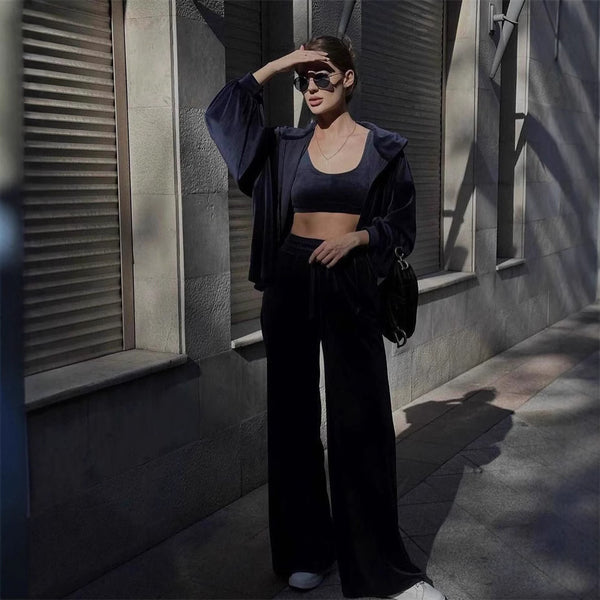 ins style  women's clothing fashion temperament long-sleeved vest trousers three-piece set casual cardigan wide-leg trousers three-piece set