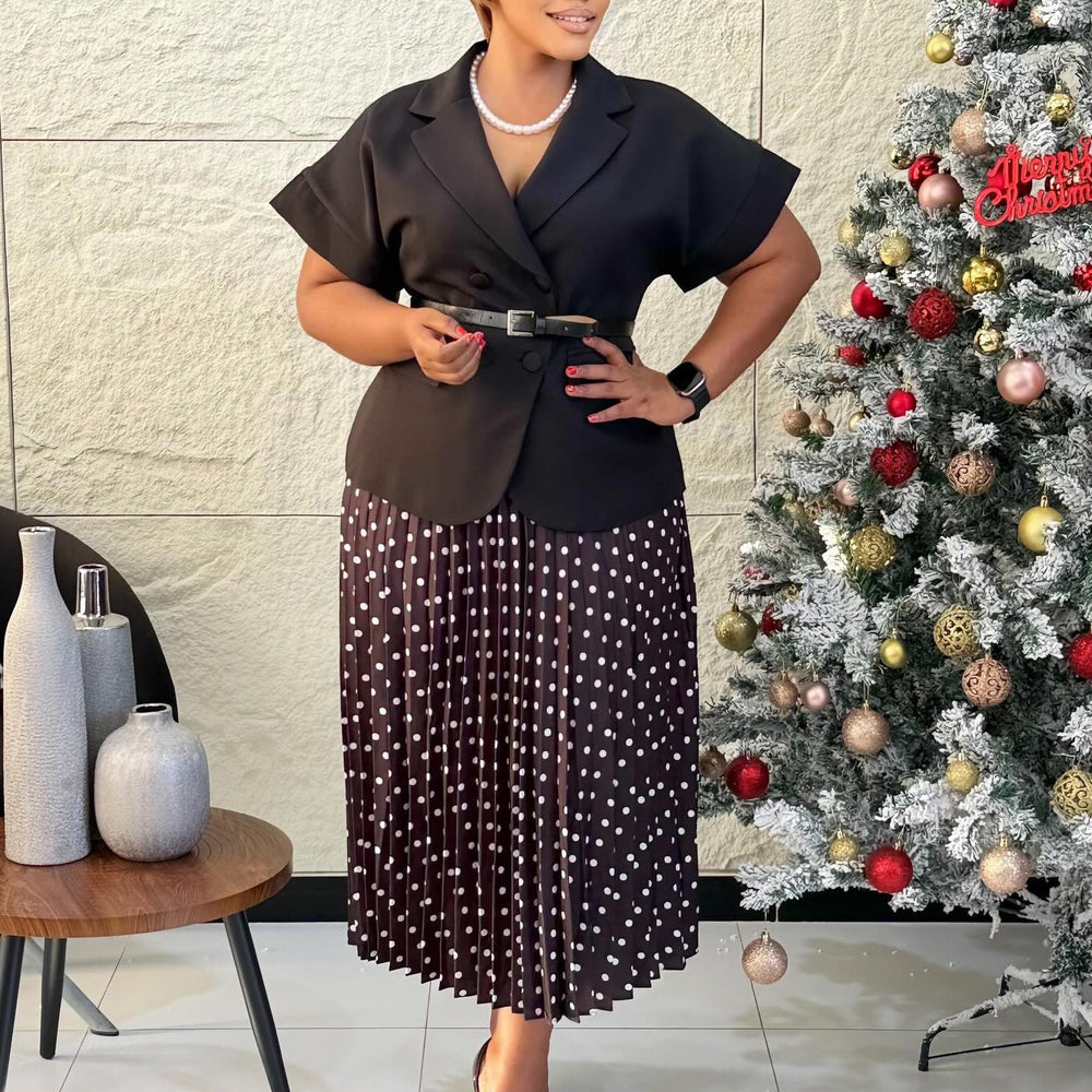 D620 european and american export new arrival elegant blazer collar short sleeve top polka dot pleated midi skirt african cross-border outfit set