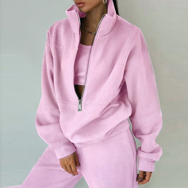 cross-border e-commerce european and american women's clothing: new summer collection - fashionable casual fleece-lined sporty zip-up hoodie set