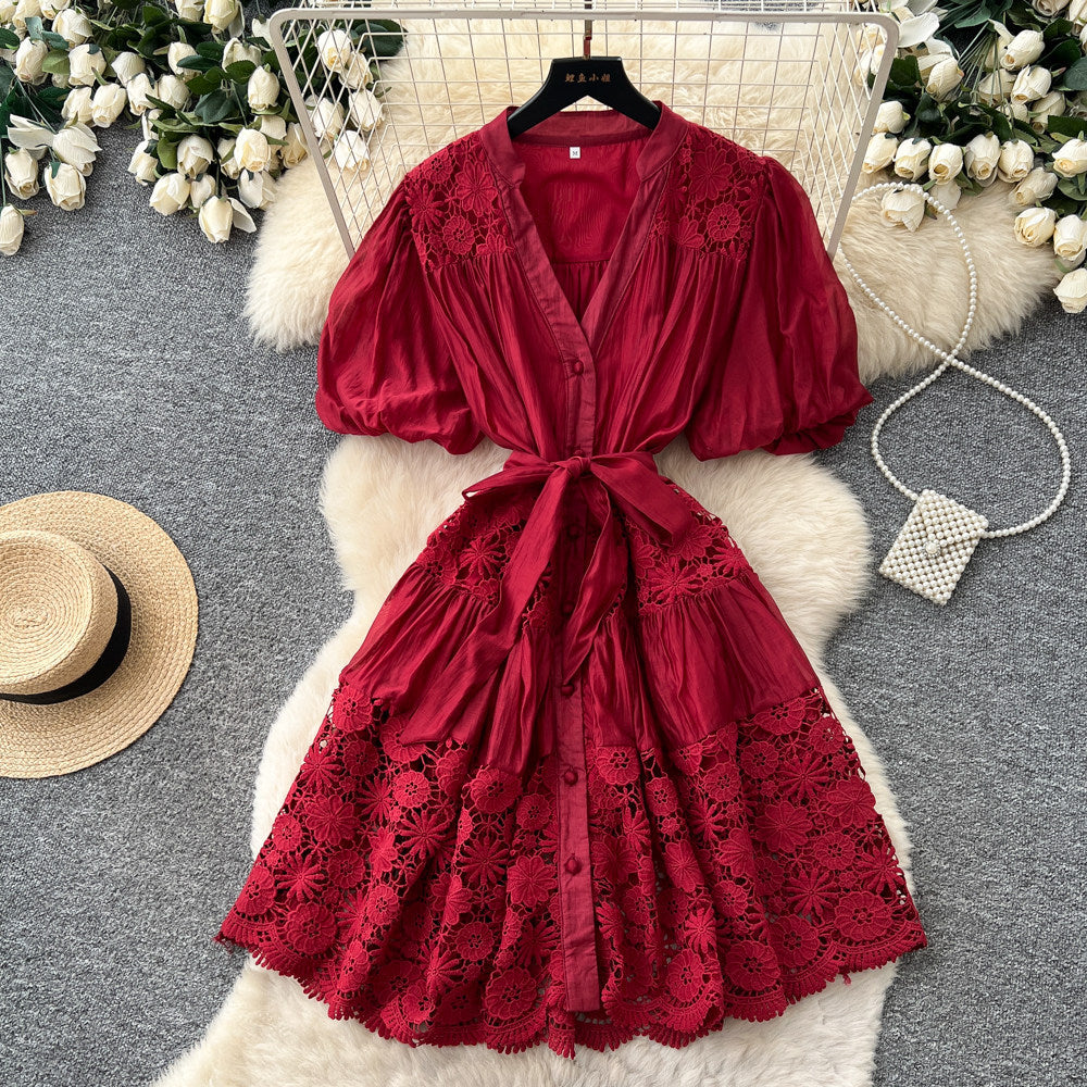 French-style heavy lace v-neck bubble sleeve dress - women's summer korean style red tie-waist slimming a-line dress