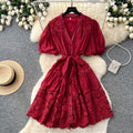 French-style heavy lace v-neck bubble sleeve dress - women's summer korean style red tie-waist slimming a-line dress