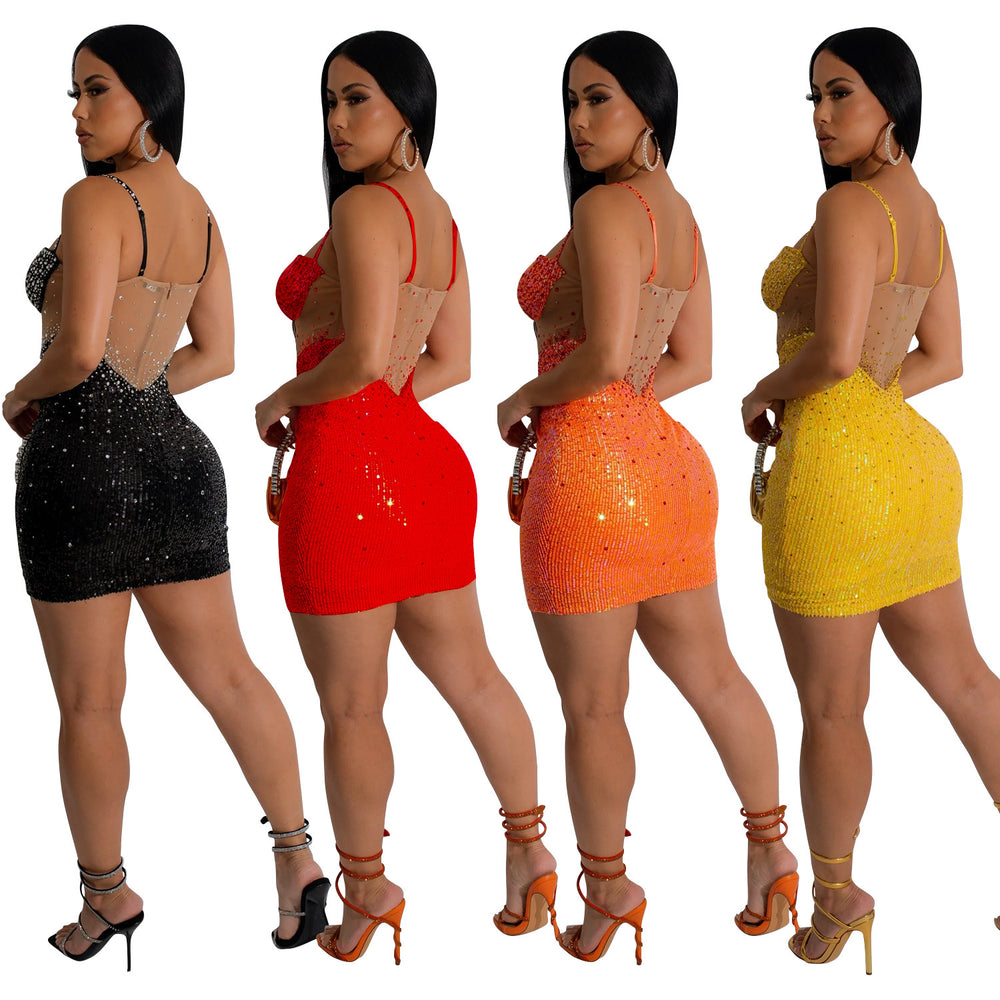 C6768 cross-border   fashion women's solid color mesh rhinestone suspender mini dress